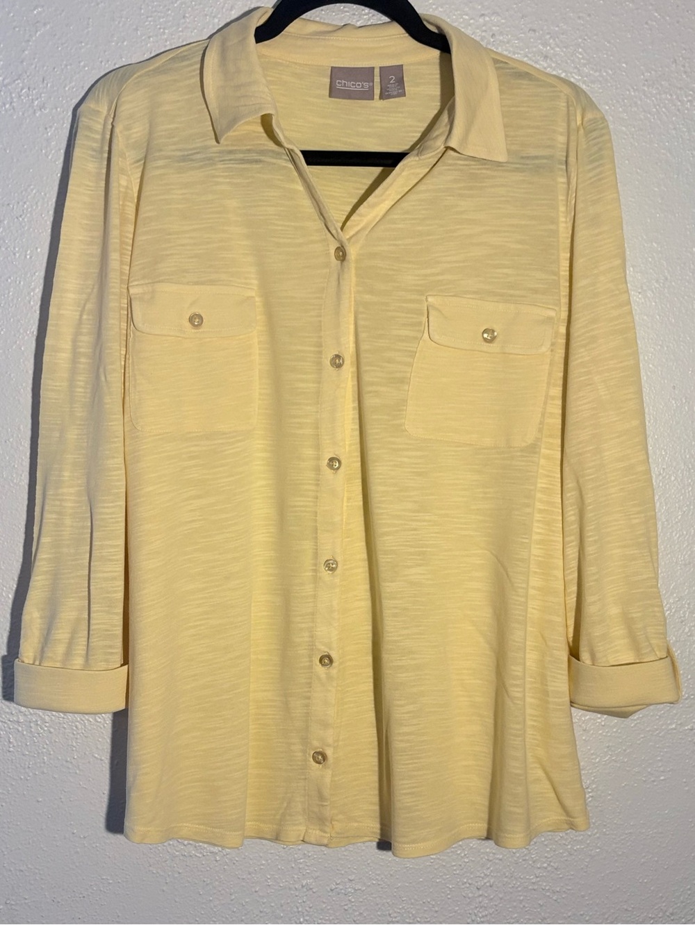 Chico’s Butter Yellow Roll Tab Sleeves Soft Cotton Size 2/L